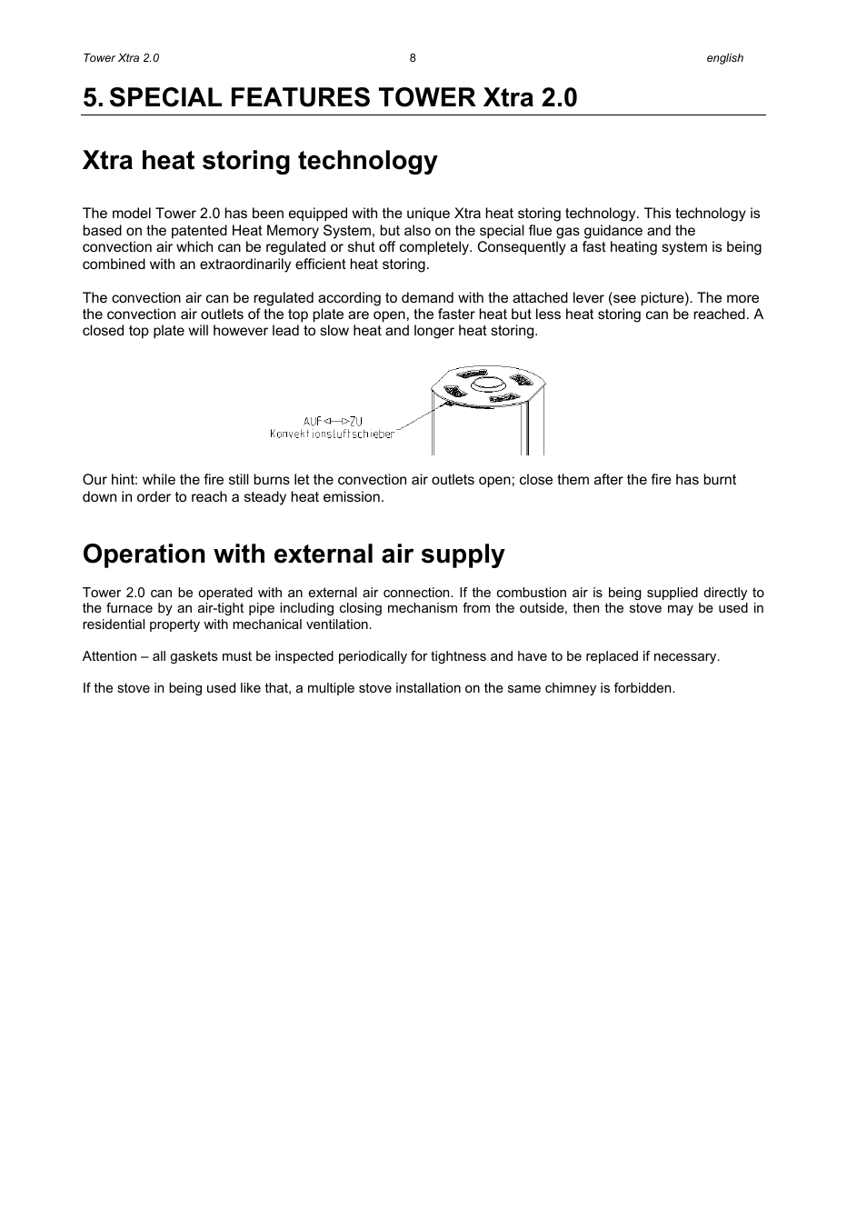 Operation with external air supply | Austroflamm Tower Xtra 2.0 User Manual | Page 10 / 20