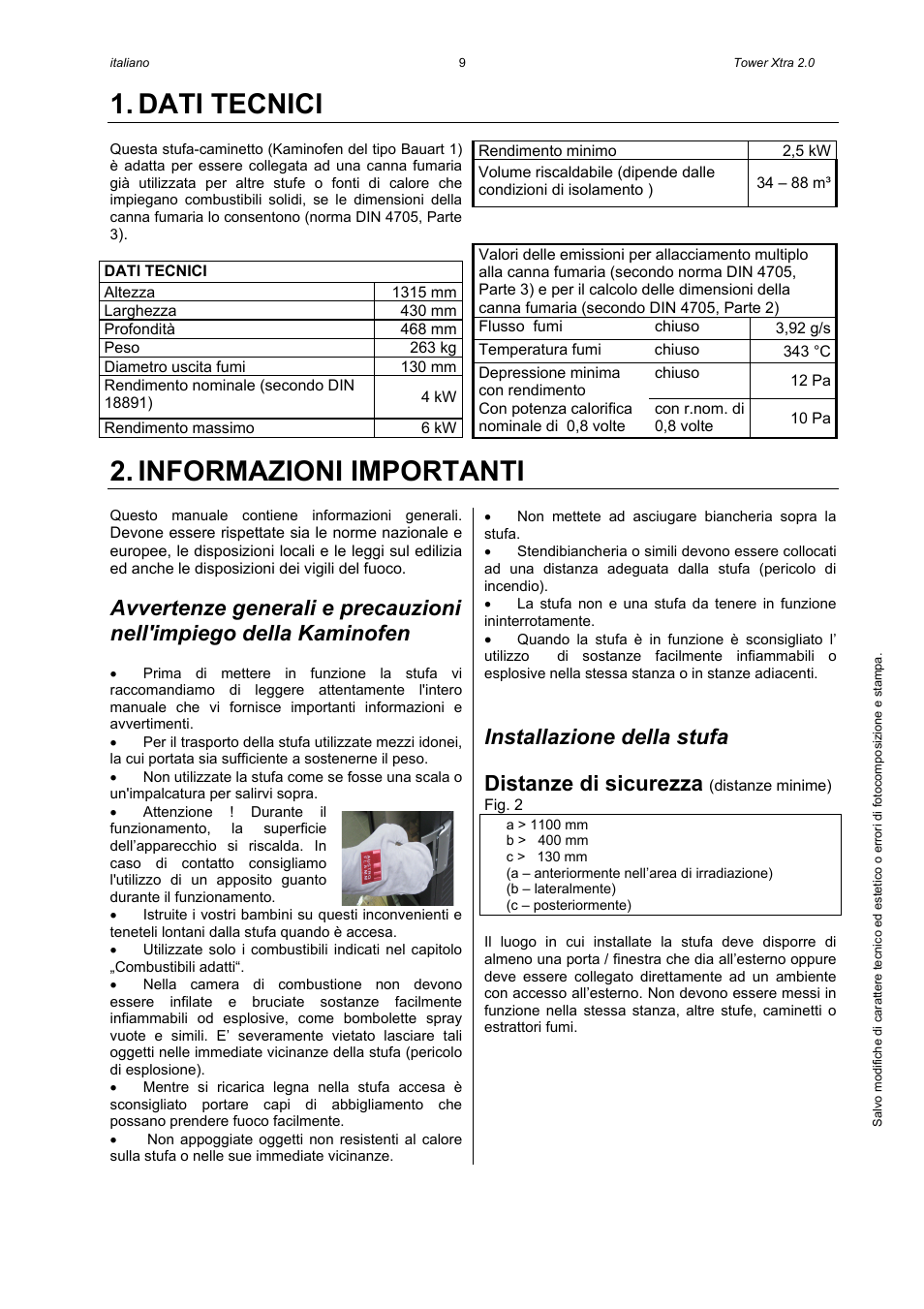 Dati tecnici, Informazioni importanti, Installazione della stufa | Distanze di sicurezza | Austroflamm Tower Xtra 2.0 User Manual | Page 11 / 20
