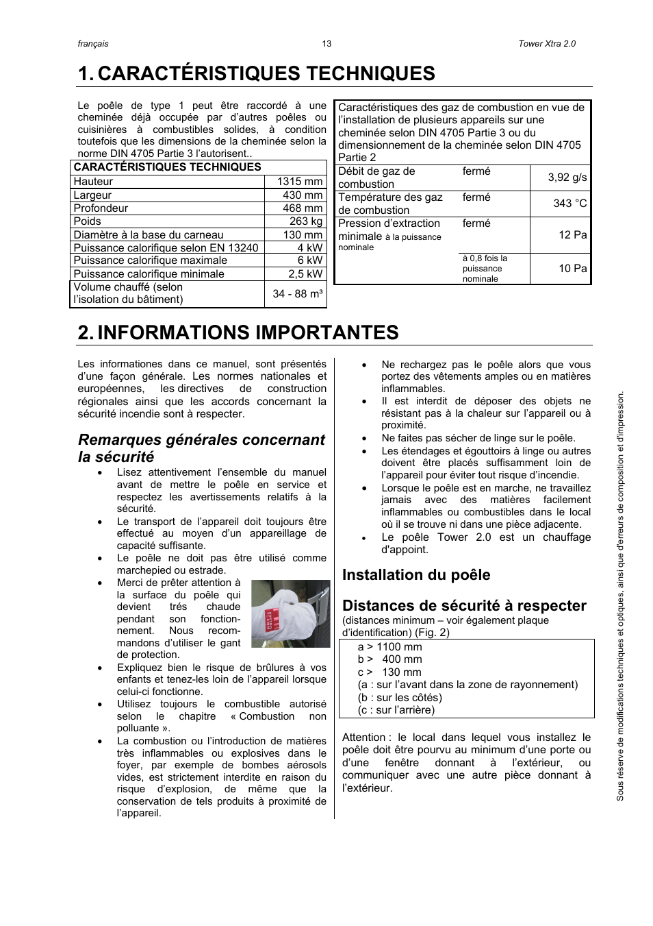 Caractéristiques techniques, Informations importantes, Remarques générales concernant la sécurité | Installation du poêle, Distances de sécurité à respecter | Austroflamm Tower Xtra 2.0 User Manual | Page 15 / 20