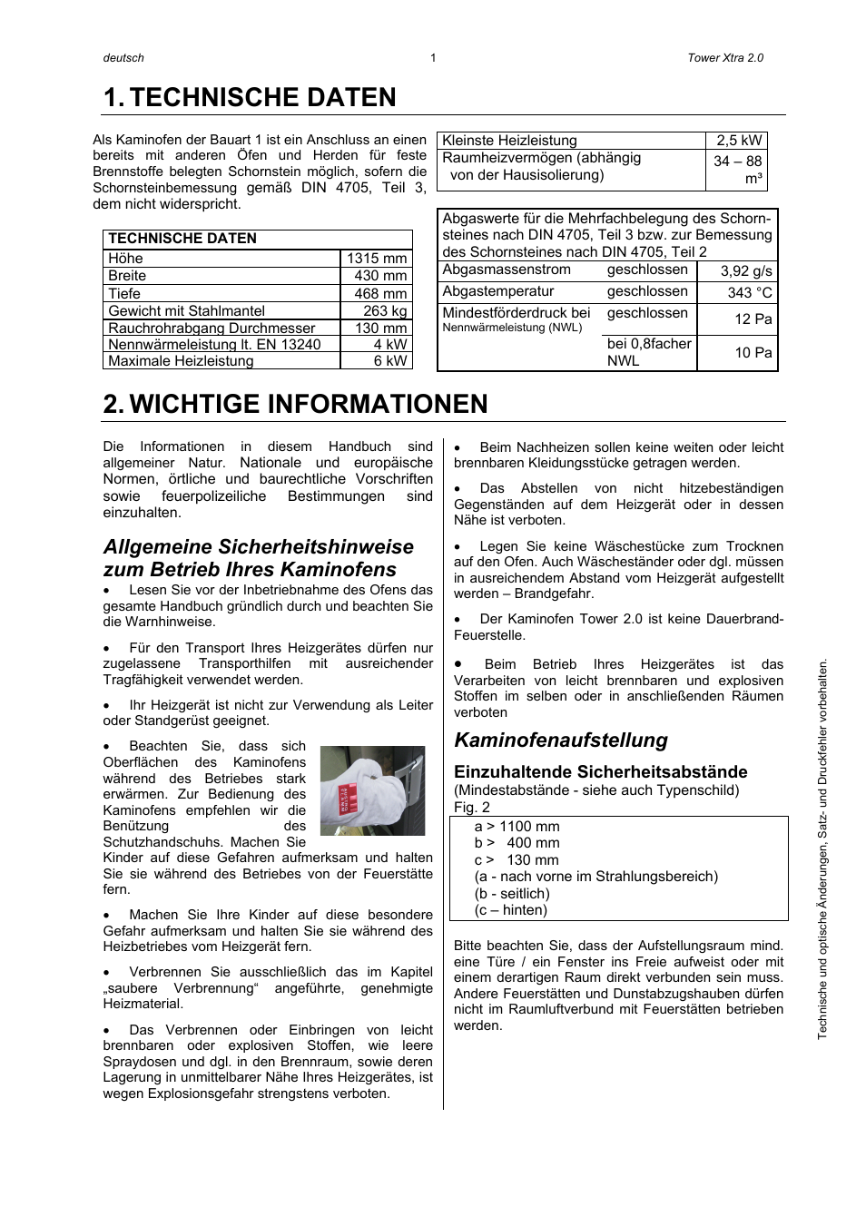 Technische daten, Wichtige informationen, Kaminofenaufstellung | Austroflamm Tower Xtra 2.0 User Manual | Page 3 / 20