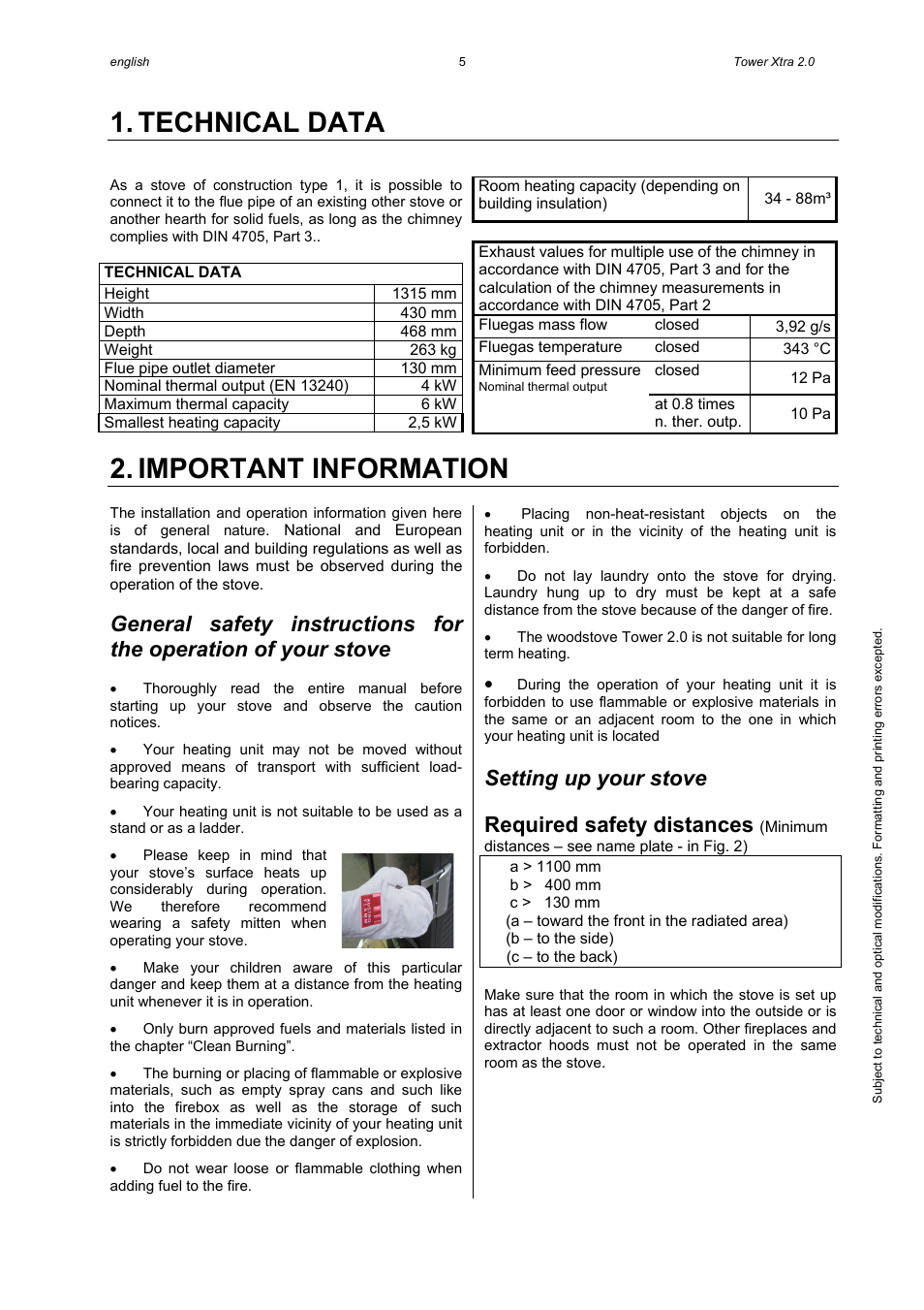Technical data, Important information, Setting up your stove | Required safety distances | Austroflamm Tower Xtra 2.0 User Manual | Page 7 / 20