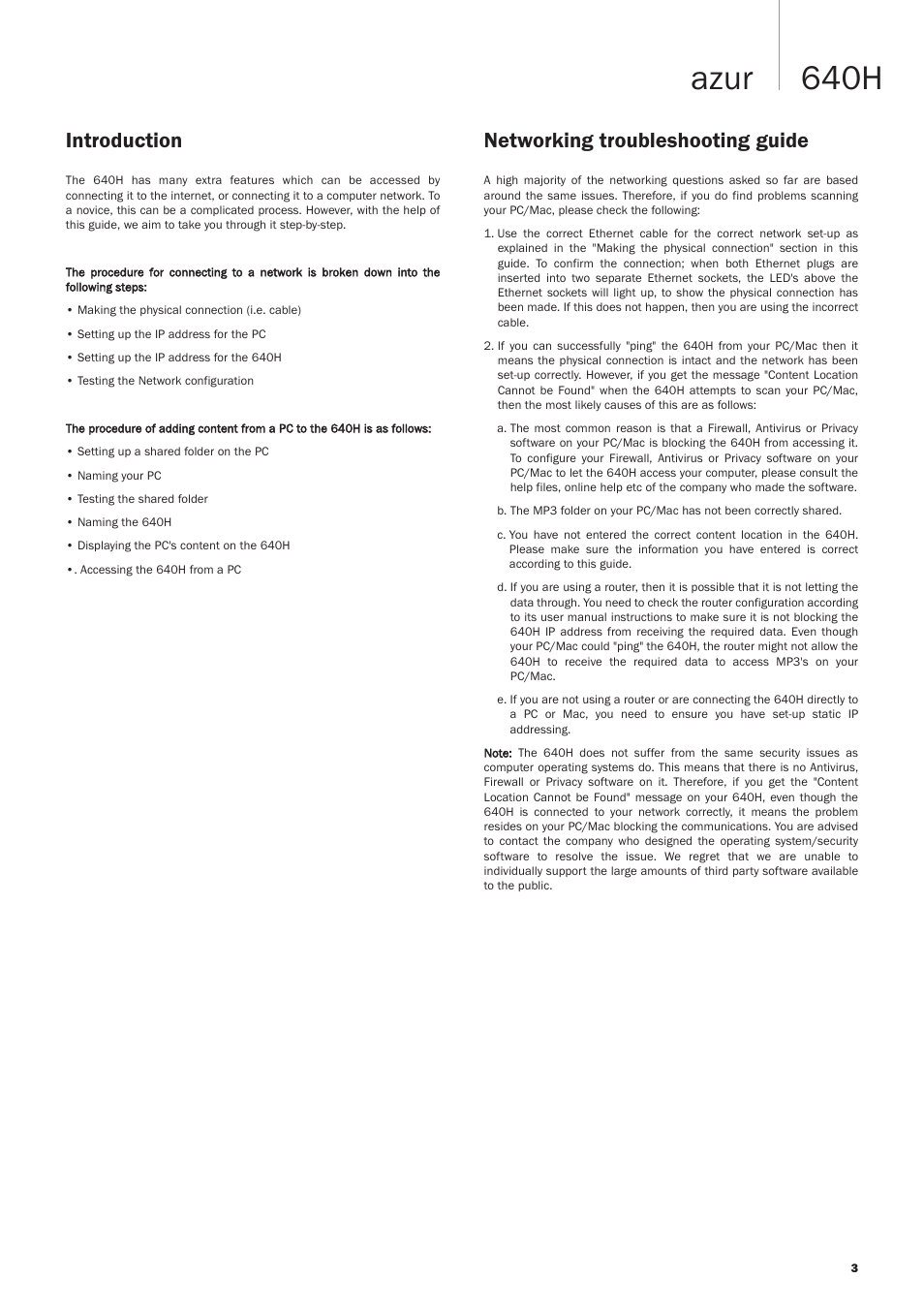 640h azur, Introduction, Networking troubleshooting guide | Cambridge Audio Azur 640H User Manual | Page 3 / 18