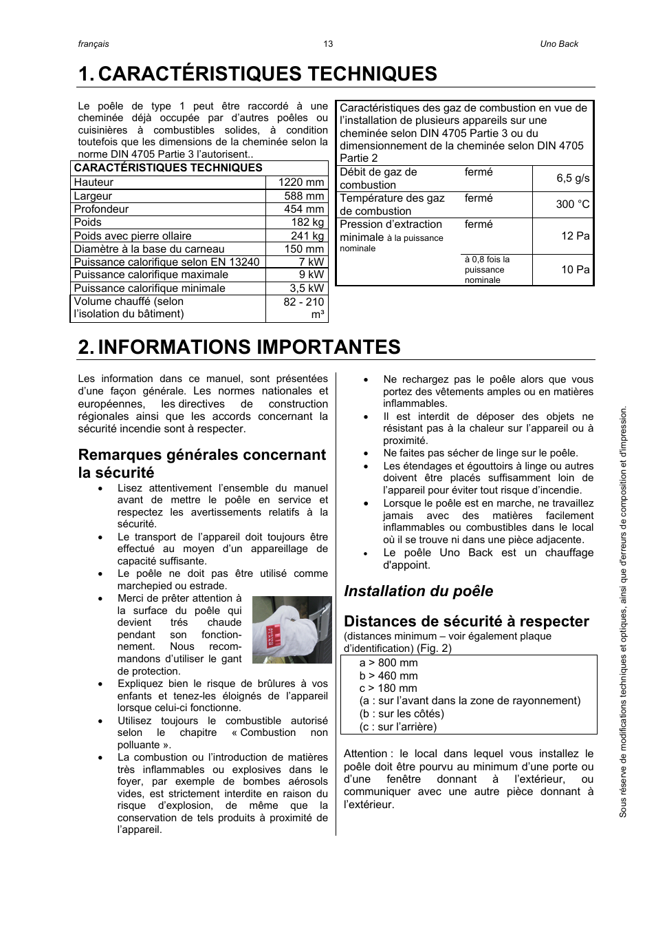 Caractéristiques techniques, Informations importantes, Remarques générales concernant la sécurité | Installation du poêle, Distances de sécurité à respecter | Austroflamm Uno Back User Manual | Page 15 / 20