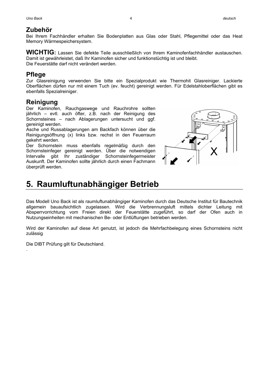 Raumluftunabhängiger betrieb, Zubehör, Wichtig | Pflege, Reinigung | Austroflamm Uno Back User Manual | Page 6 / 20