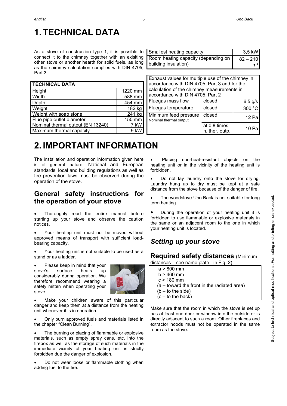 Technical data, Important information, Setting up your stove | Required safety distances | Austroflamm Uno Back User Manual | Page 7 / 20