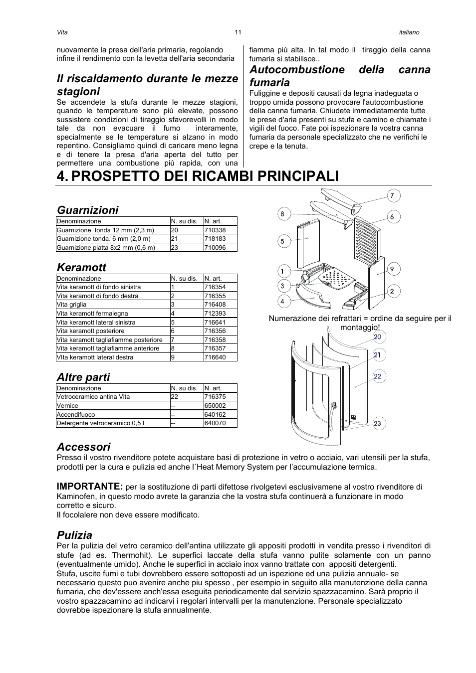 Prospetto dei ricambi principali, Il riscaldamento durante le mezze stagioni, Autocombustione della canna fumaria | Guarnizioni, Keramott, Altre parti, Accessori, Pulizia, Importante | Austroflamm Vita User Manual | Page 11 / 16