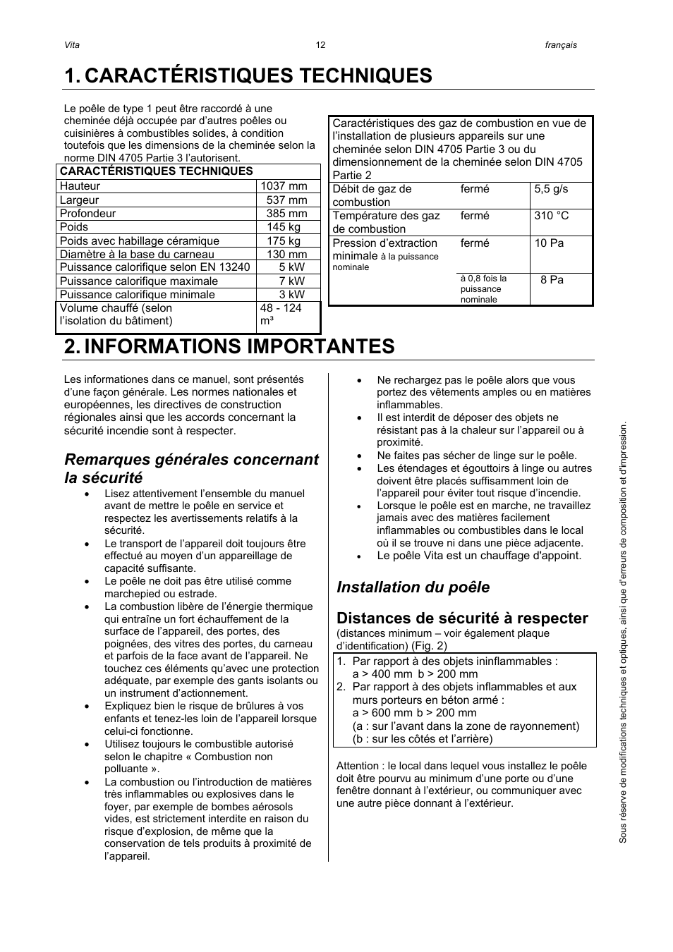 Caractéristiques techniques, Informations importantes, Remarques générales concernant la sécurité | Installation du poêle, Distances de sécurité à respecter | Austroflamm Vita User Manual | Page 12 / 16