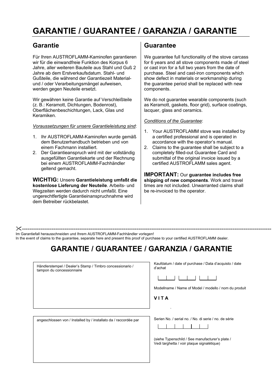 Garantie / guarantee / garanzia / garantie, Garantie, Guarantee | Austroflamm Vita User Manual | Page 15 / 16