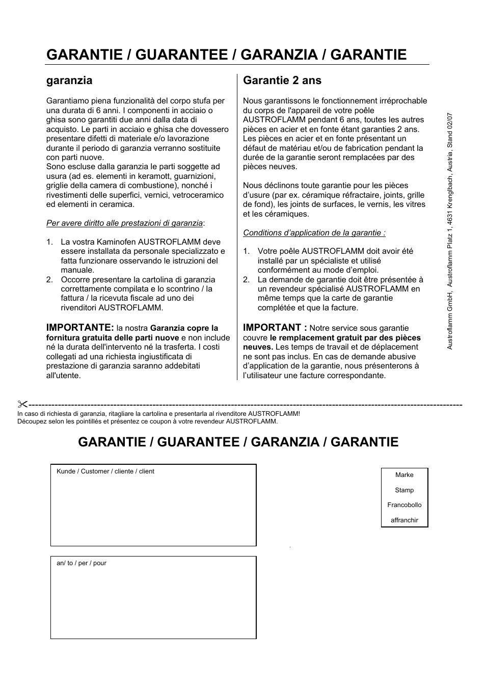 Garantie / guarantee / garanzia / garantie, Garanzia, Garantie 2 ans | Importante, Important | Austroflamm Vita User Manual | Page 16 / 16