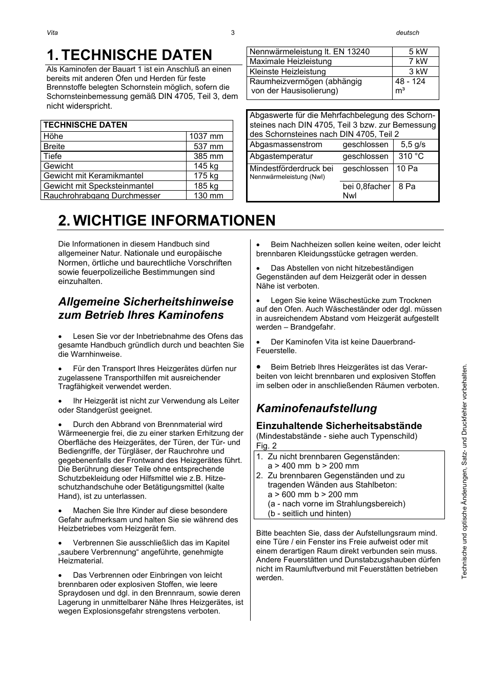 Technische daten, Wichtige informationen, Kaminofenaufstellung | Austroflamm Vita User Manual | Page 3 / 16