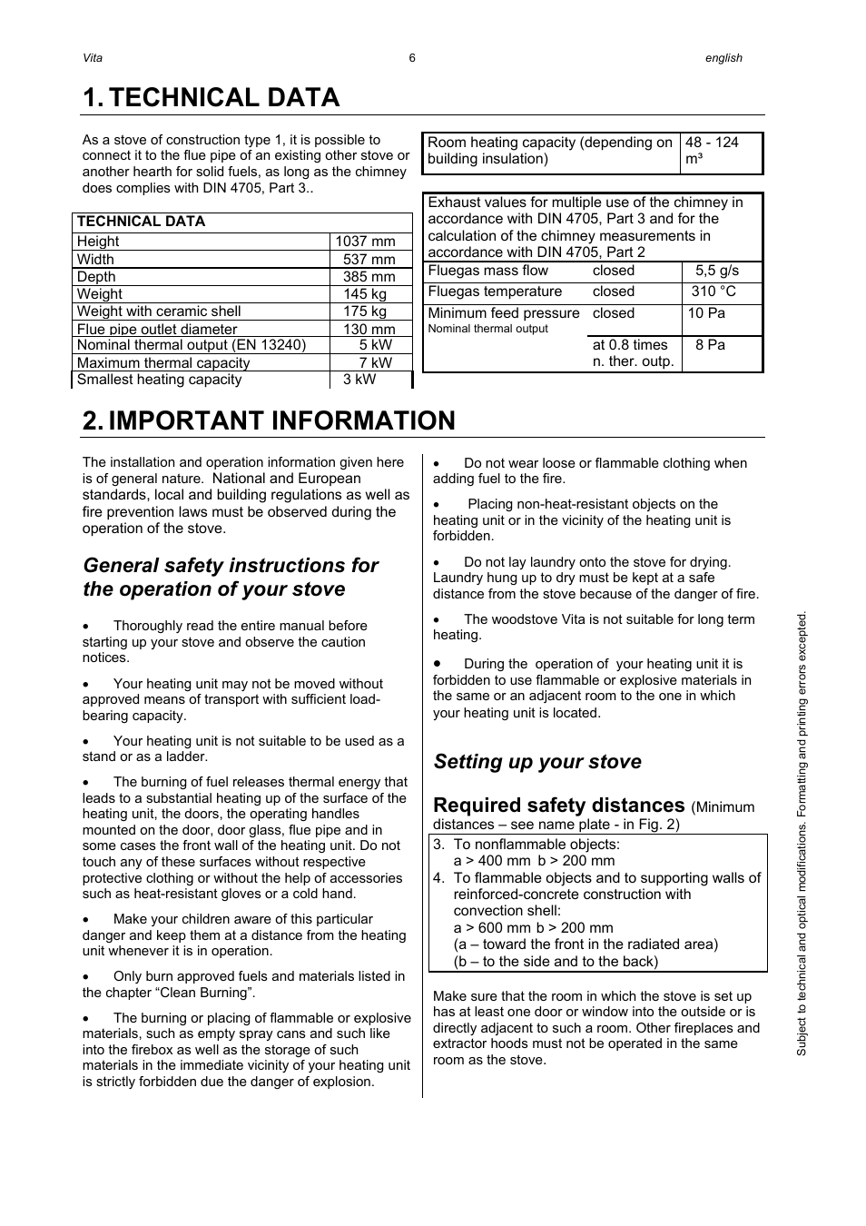 Technical data, Important information, Setting up your stove | Required safety distances | Austroflamm Vita User Manual | Page 6 / 16