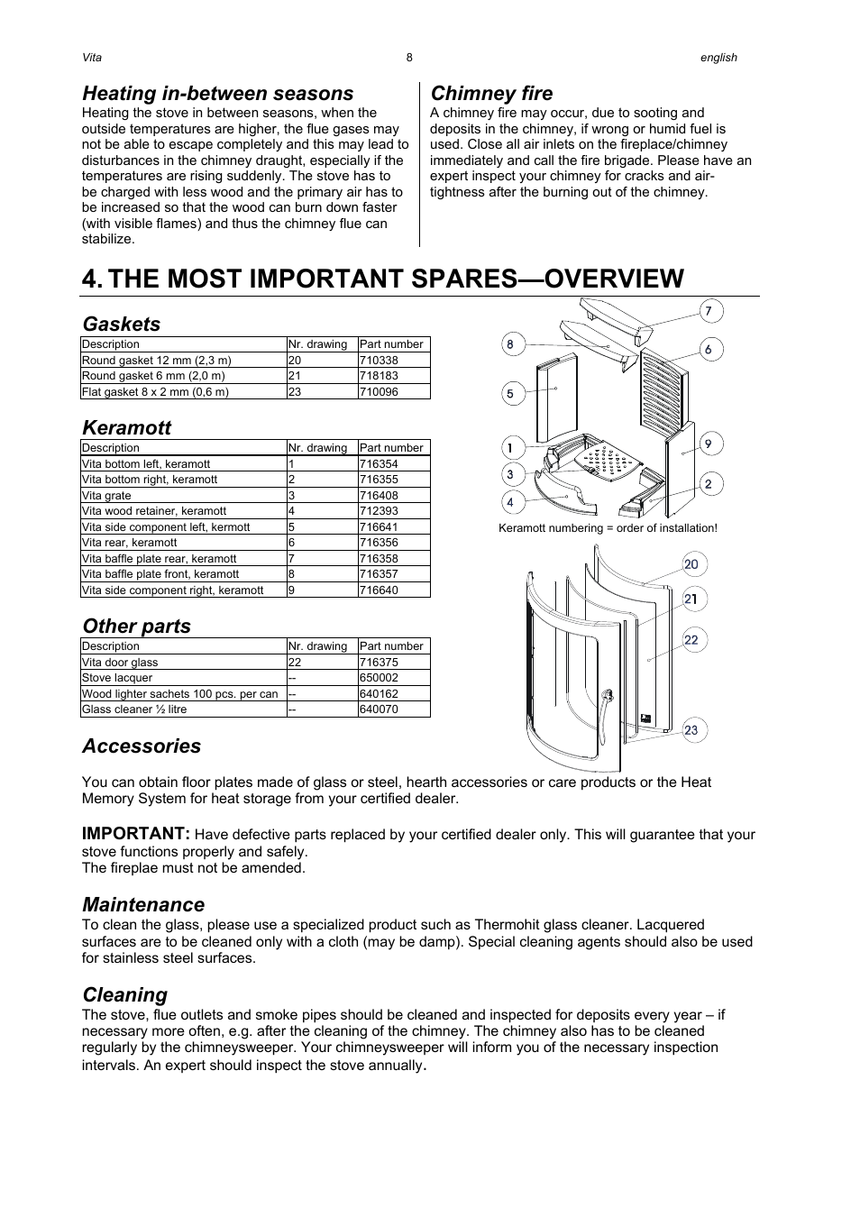 The most important spares—overview, Heating in-between seasons, Chimney fire | Gaskets, Keramott, Other parts, Accessories, Maintenance, Cleaning, Important | Austroflamm Vita User Manual | Page 8 / 16