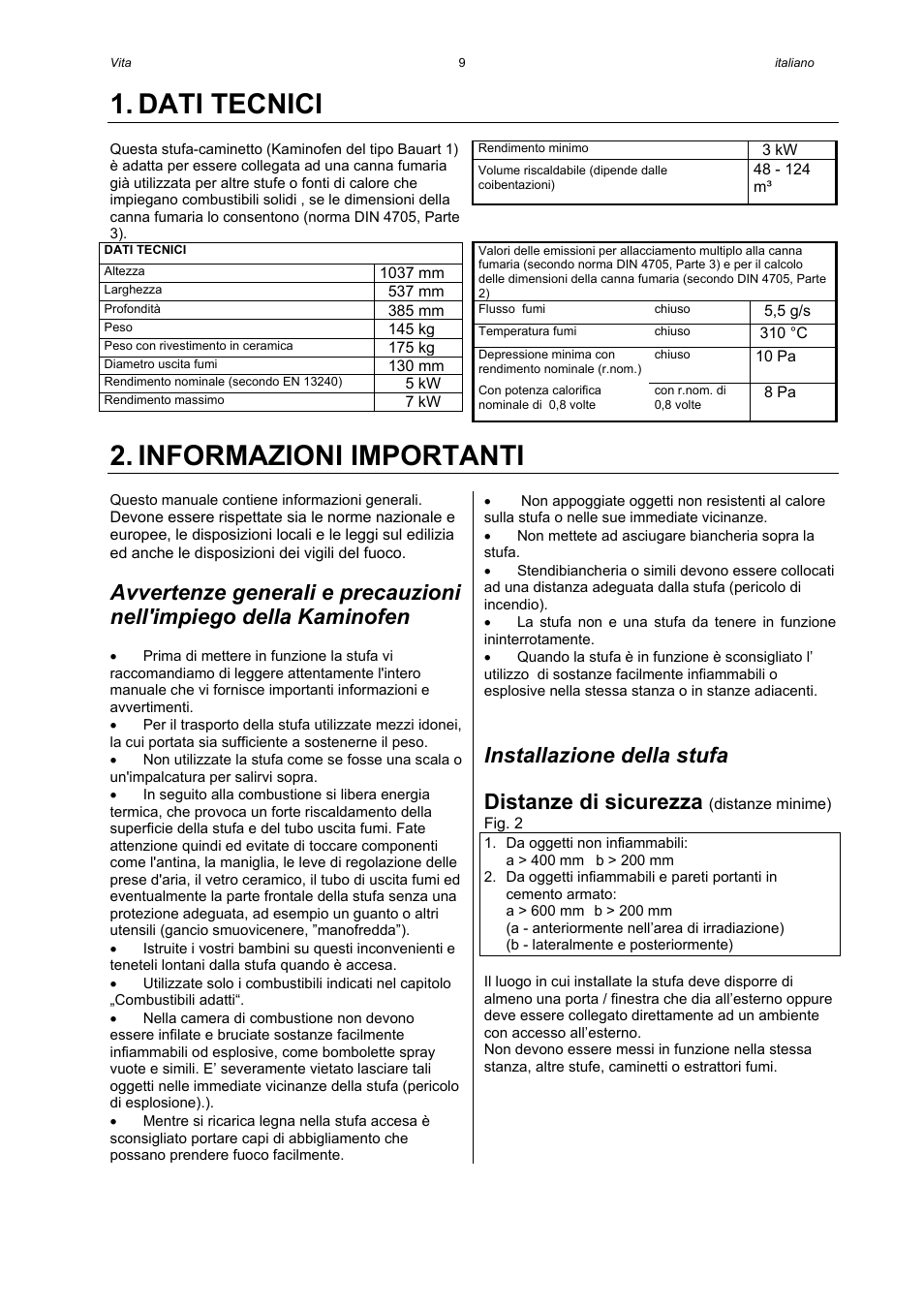Dati tecnici, Informazioni importanti, Installazione della stufa | Distanze di sicurezza | Austroflamm Vita User Manual | Page 9 / 16