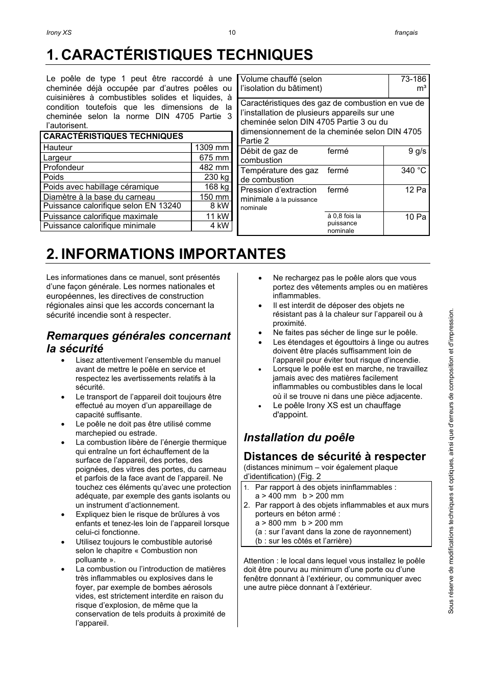 Caractéristiques techniques, Informations importantes, Remarques générales concernant la sécurité | Installation du poêle, Distances de sécurité à respecter | Austroflamm Irony XS User Manual | Page 12 / 16