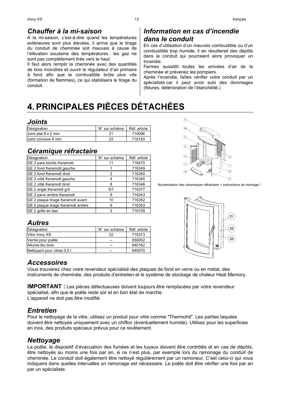 Principales pièces détachées, Chauffer à la mi-saison, Information en cas d’incendie dans le conduit | Joints, Céramique réfractaire, Autres, Accessoires, Entretien, Nettoyage, Important | Austroflamm Irony XS User Manual | Page 14 / 16