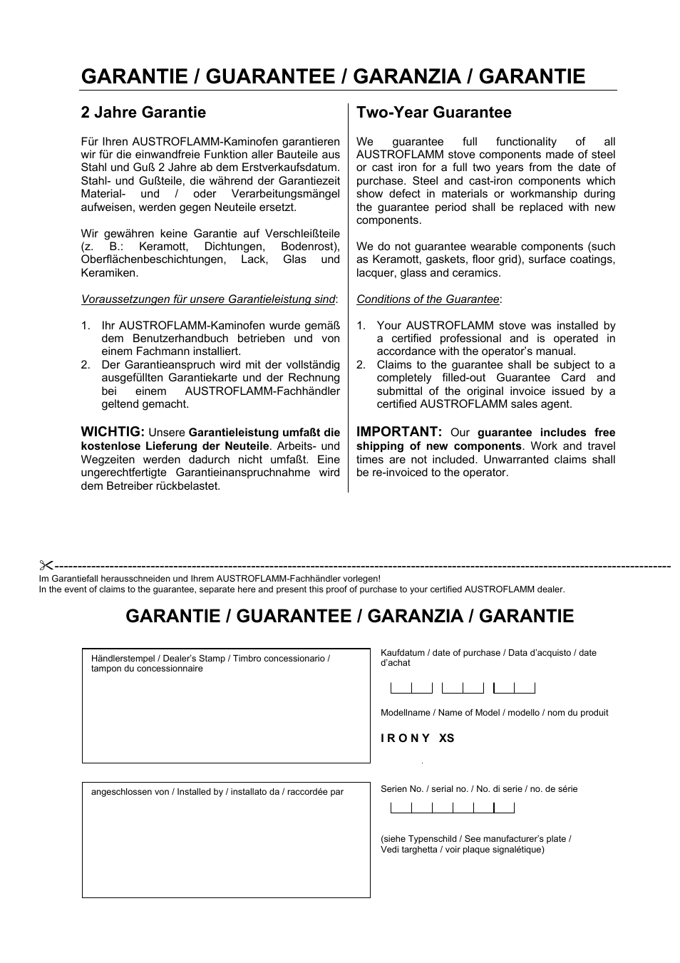 Garantie / guarantee / garanzia / garantie, 2 jahre garantie, Two-year guarantee | Austroflamm Irony XS User Manual | Page 15 / 16