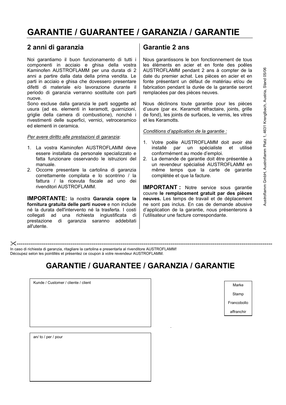 Garantie / guarantee / garanzia / garantie, 2 anni di garanzia, Garantie 2 ans | Importante, Important | Austroflamm Irony XS User Manual | Page 16 / 16