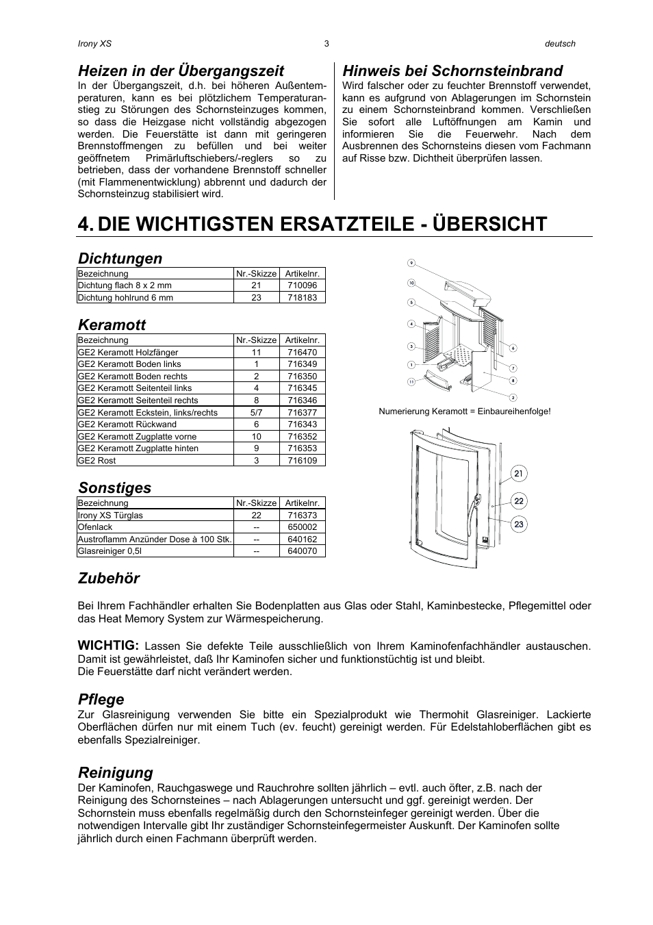 Die wichtigsten ersatzteile - übersicht, Heizen in der übergangszeit, Hinweis bei schornsteinbrand | Dichtungen, Keramott, Sonstiges, Zubehör, Pflege, Reinigung, Wichtig | Austroflamm Irony XS User Manual | Page 5 / 16