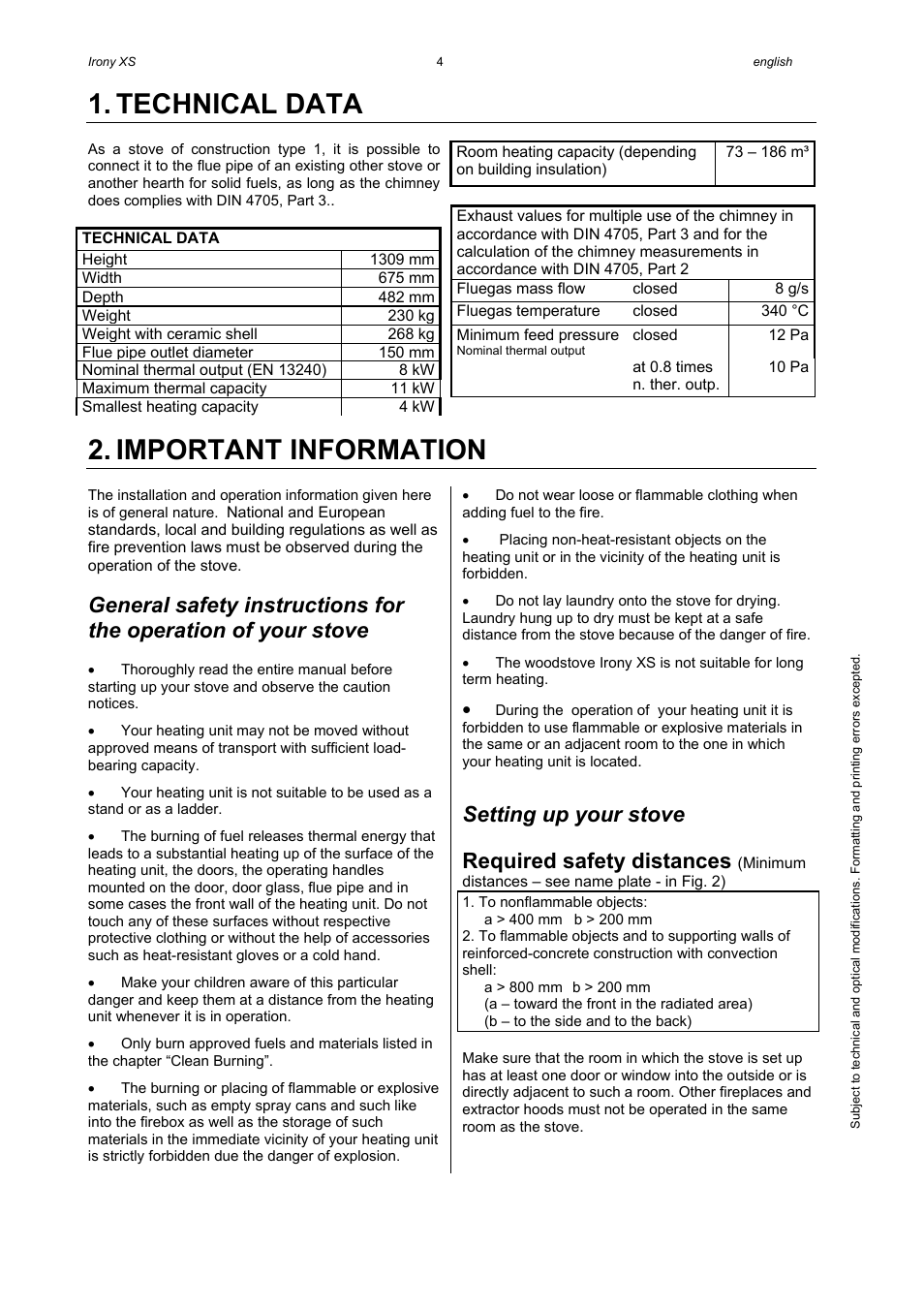 Technical data, Important information, Setting up your stove | Required safety distances | Austroflamm Irony XS User Manual | Page 6 / 16