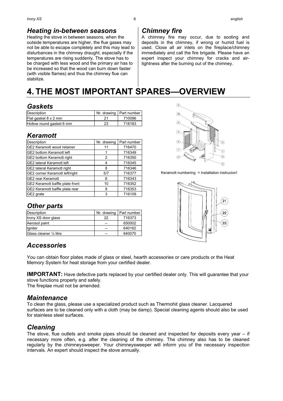 The most important spares—overview, Heating in-between seasons, Chimney fire | Gaskets, Keramott, Other parts, Accessories, Maintenance, Cleaning, Important | Austroflamm Irony XS User Manual | Page 8 / 16