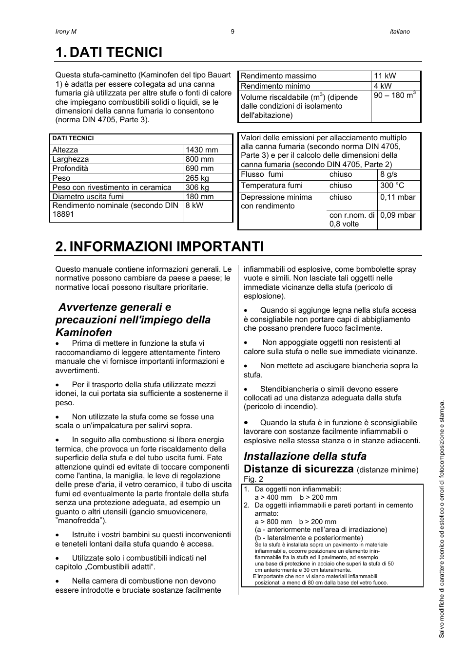 Dati tecnici, Informazioni importanti, Installazione della stufa | Distanze di sicurezza | Austroflamm Irony M User Manual | Page 11 / 21