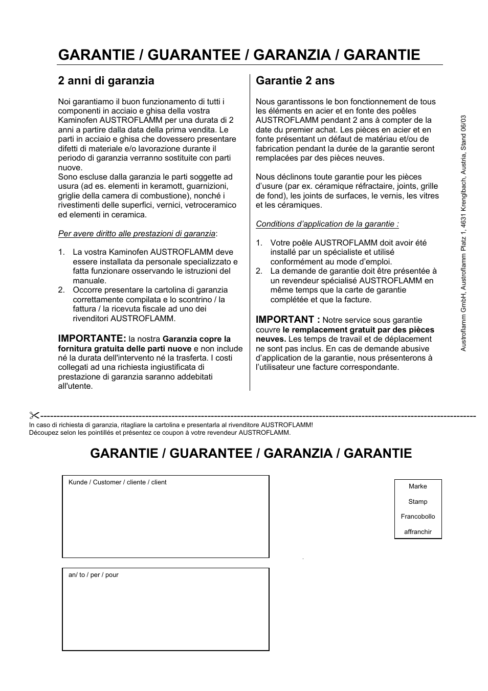 Garantie / guarantee / garanzia / garantie, 2 anni di garanzia, Garantie 2 ans | Importante, Important | Austroflamm Irony M User Manual | Page 21 / 21