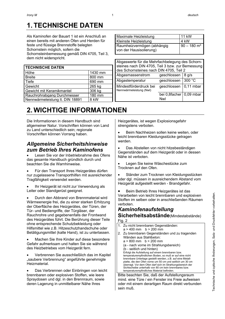 Technische daten, Wichtige informationen, Kaminofenaufstellung | Sicherheitsabstände | Austroflamm Irony M User Manual | Page 3 / 21