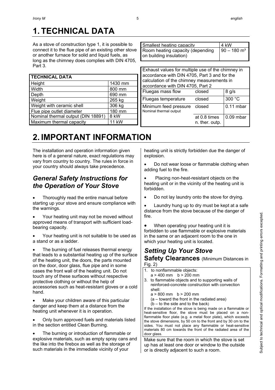 Technical data, Important information, Setting up your stove | Safety clearances | Austroflamm Irony M User Manual | Page 7 / 21