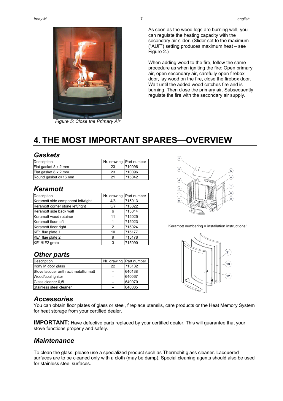 The most important spares—overview, Gaskets, Keramott | Other parts, Accessories, Maintenance, Important | Austroflamm Irony M User Manual | Page 9 / 21