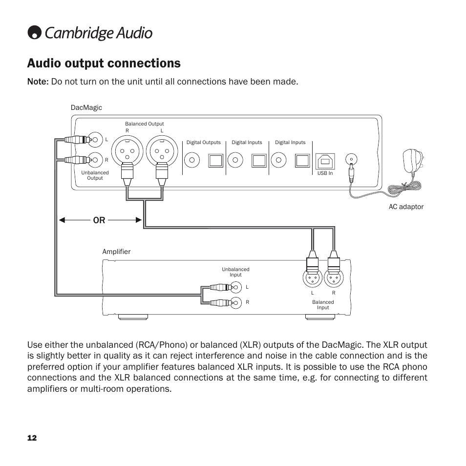 Audio output connections | Cambridge Audio Upsampling Digital to Analog Converter azur DacMagic User Manual | Page 12 / 28