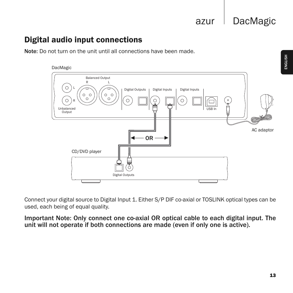 Dacmagic azur, Digital audio input connections | Cambridge Audio Upsampling Digital to Analog Converter azur DacMagic User Manual | Page 13 / 28