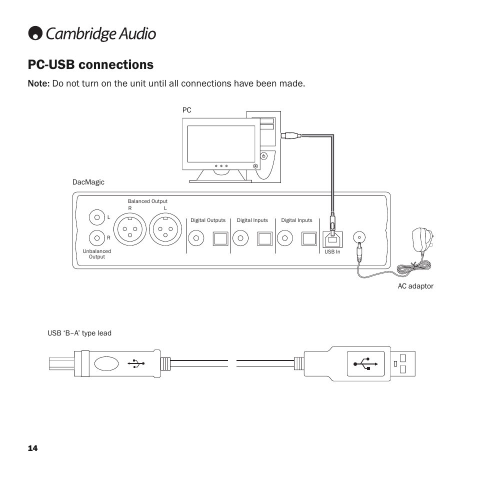 Pc-usb connections | Cambridge Audio Upsampling Digital to Analog Converter azur DacMagic User Manual | Page 14 / 28