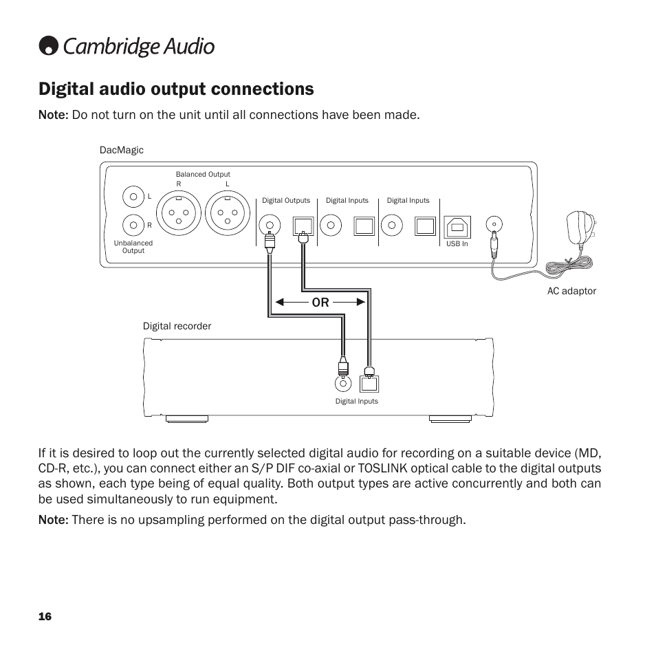 Digital audio output connections | Cambridge Audio Upsampling Digital to Analog Converter azur DacMagic User Manual | Page 16 / 28