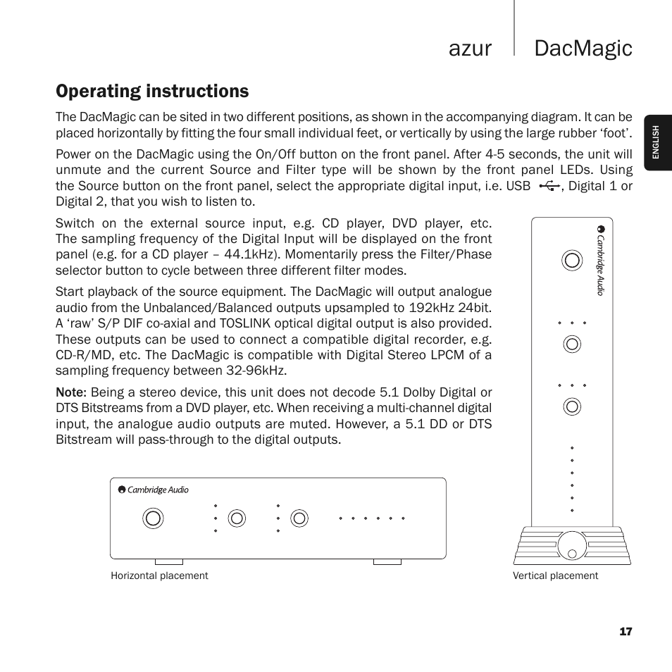 Dacmagic azur, Operating instructions | Cambridge Audio Upsampling Digital to Analog Converter azur DacMagic User Manual | Page 17 / 28