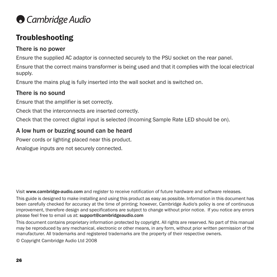 Troubleshooting | Cambridge Audio Upsampling Digital to Analog Converter azur DacMagic User Manual | Page 26 / 28