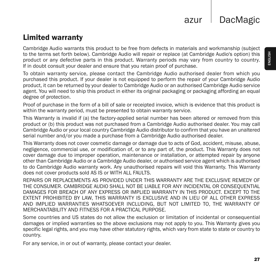 Dacmagic azur, Limited warranty | Cambridge Audio Upsampling Digital to Analog Converter azur DacMagic User Manual | Page 27 / 28