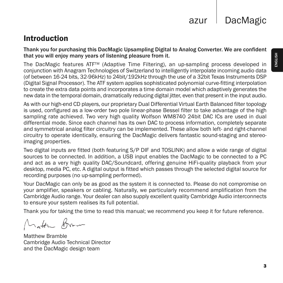 Dacmagic azur, Introduction | Cambridge Audio Upsampling Digital to Analog Converter azur DacMagic User Manual | Page 3 / 28