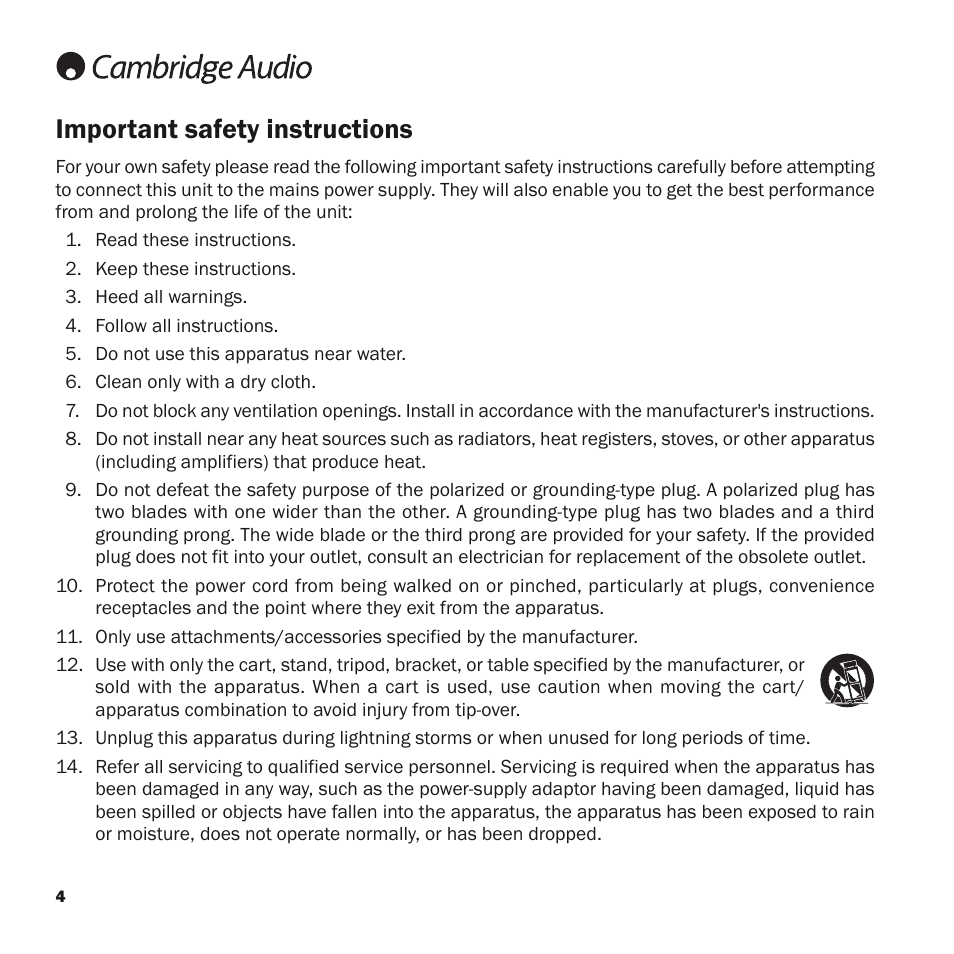 Important safety instructions | Cambridge Audio Upsampling Digital to Analog Converter azur DacMagic User Manual | Page 4 / 28