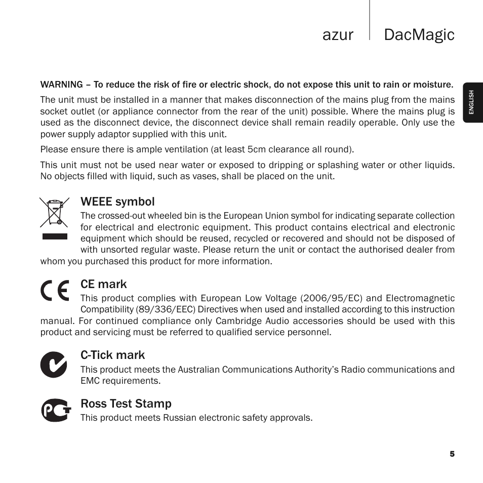Dacmagic azur, Weee symbol, Ce mark | C-tick mark, Ross test stamp | Cambridge Audio Upsampling Digital to Analog Converter azur DacMagic User Manual | Page 5 / 28