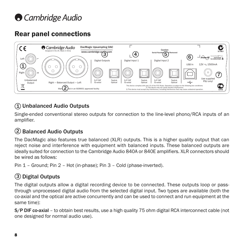Rear panel connections, Unbalanced audio outputs, Balanced audio outputs | Digital outputs | Cambridge Audio Upsampling Digital to Analog Converter azur DacMagic User Manual | Page 8 / 28