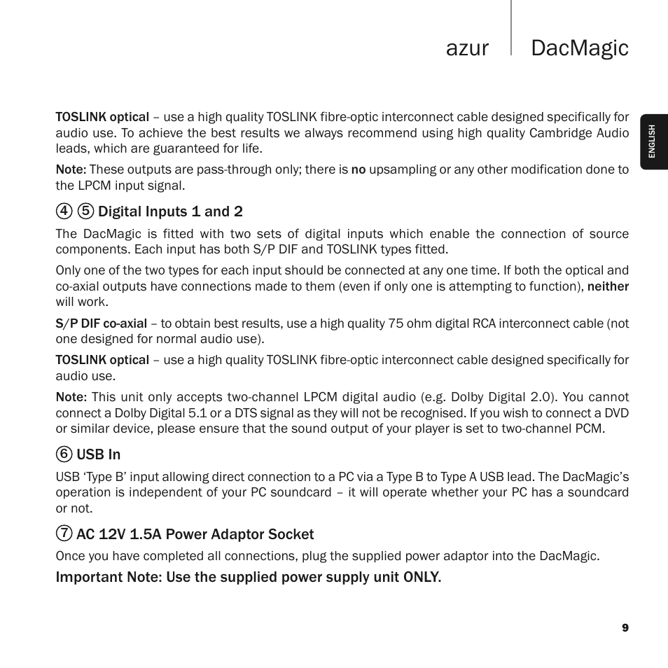 Dacmagic azur | Cambridge Audio Upsampling Digital to Analog Converter azur DacMagic User Manual | Page 9 / 28