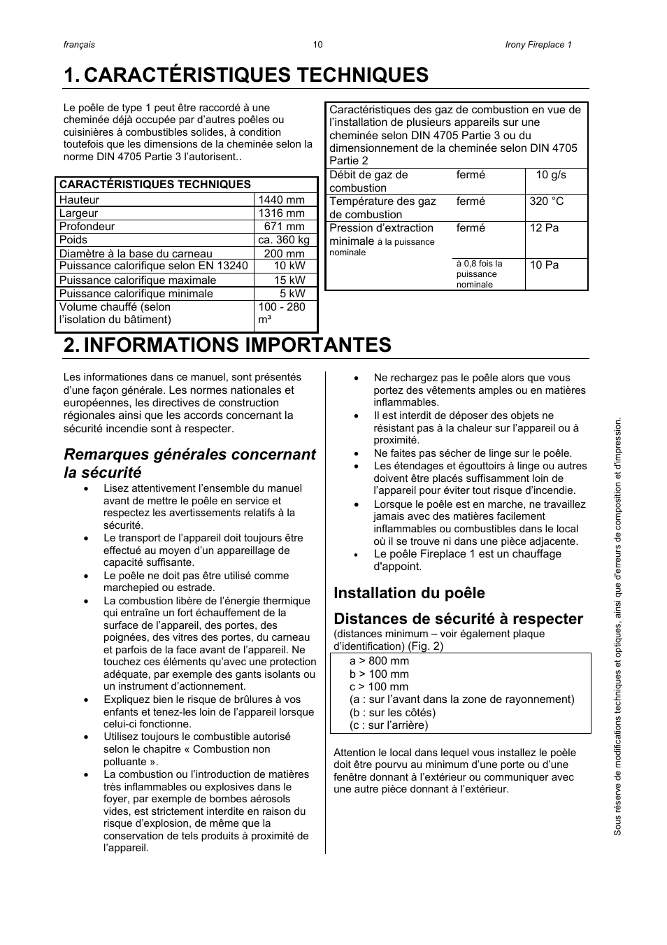 Caractéristiques techniques, Informations importantes, Remarques générales concernant la sécurité | Installation du poêle, Distances de sécurité à respecter | Austroflamm Irony Fireplace 1 User Manual | Page 12 / 16