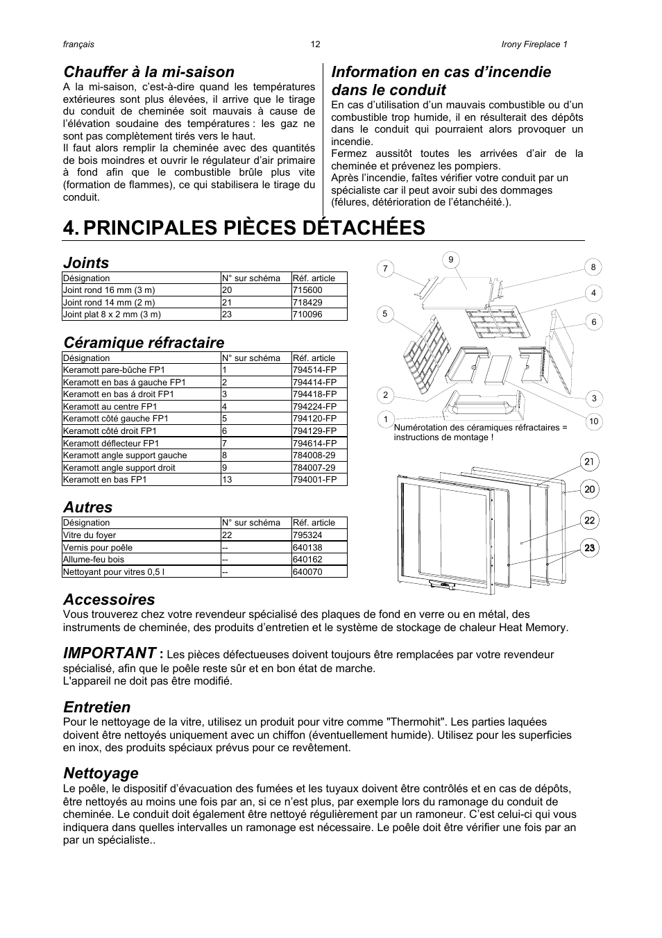 Principales pièces détachées, Chauffer à la mi-saison, Information en cas d’incendie dans le conduit | Joints, Céramique réfractaire, Autres, Accessoires, Important, Entretien, Nettoyage | Austroflamm Irony Fireplace 1 User Manual | Page 14 / 16