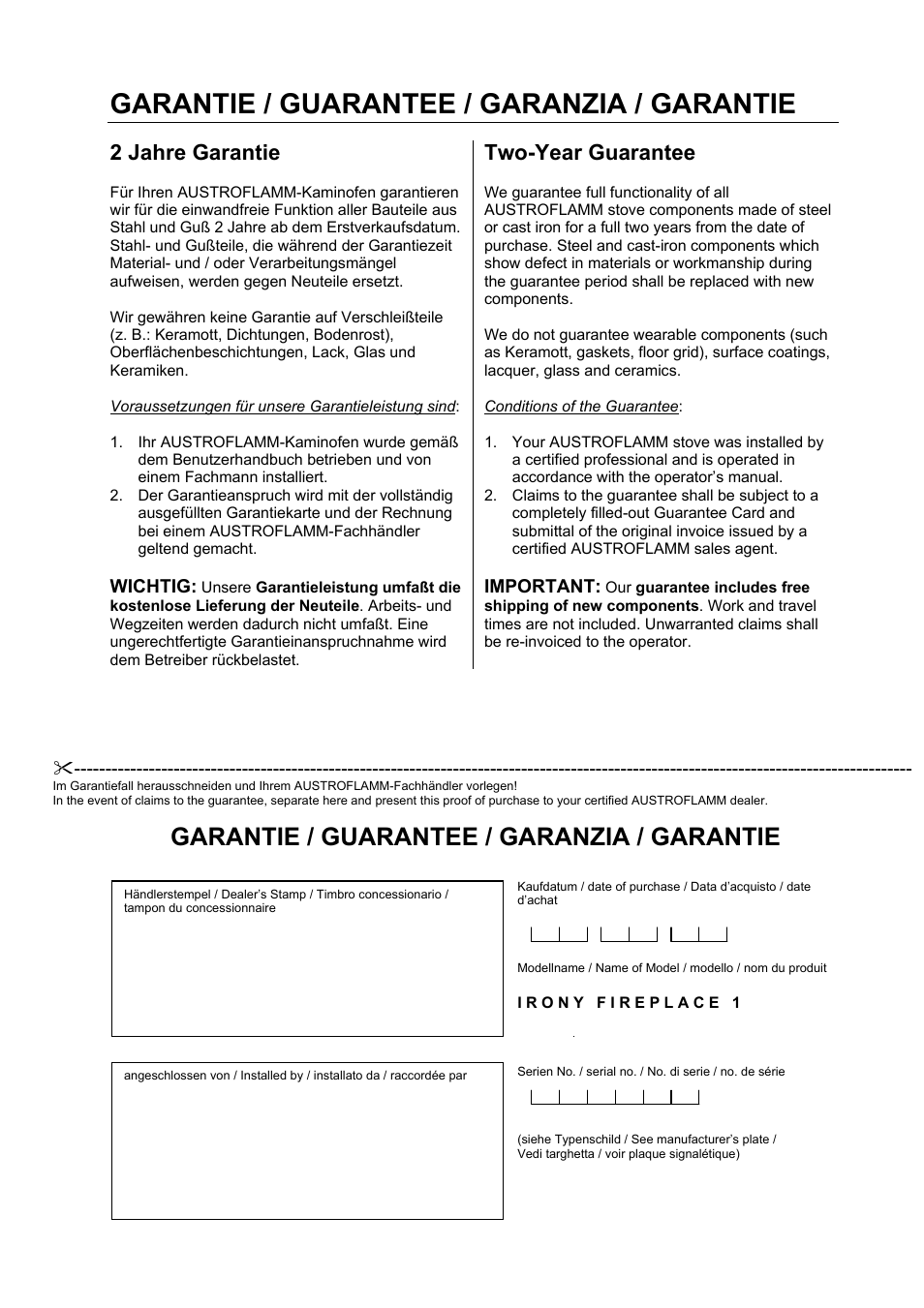 Garantie / guarantee / garanzia / garantie, 2 jahre garantie, Two-year guarantee | Austroflamm Irony Fireplace 1 User Manual | Page 15 / 16