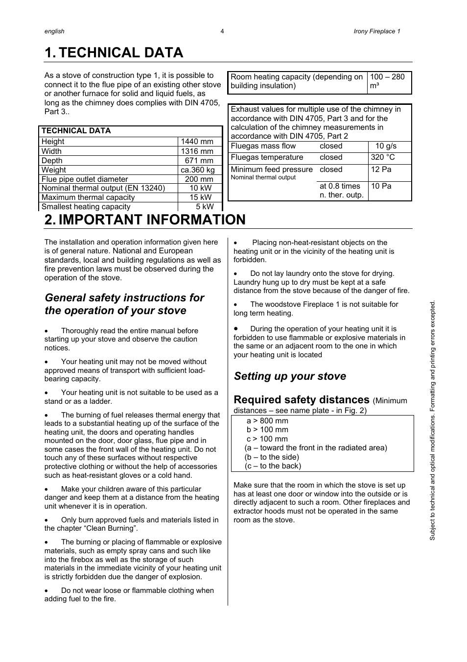 Technical data, Important information, Setting up your stove | Required safety distances | Austroflamm Irony Fireplace 1 User Manual | Page 6 / 16