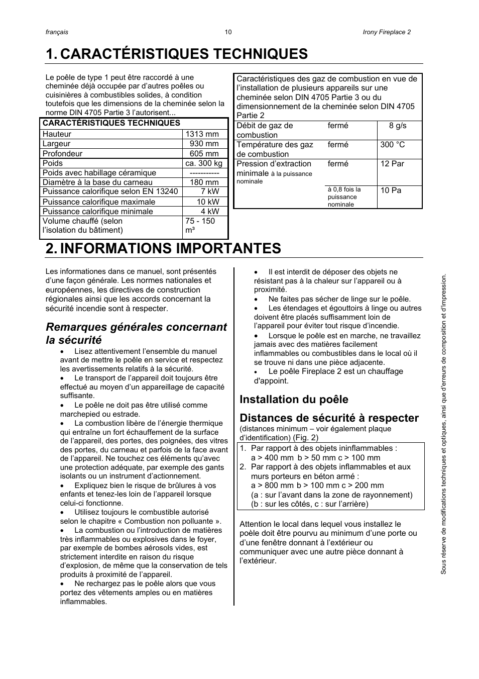 Caractéristiques techniques, Informations importantes, Remarques générales concernant la sécurité | Installation du poêle, Distances de sécurité à respecter | Austroflamm Irony Fireplace 2 User Manual | Page 12 / 16