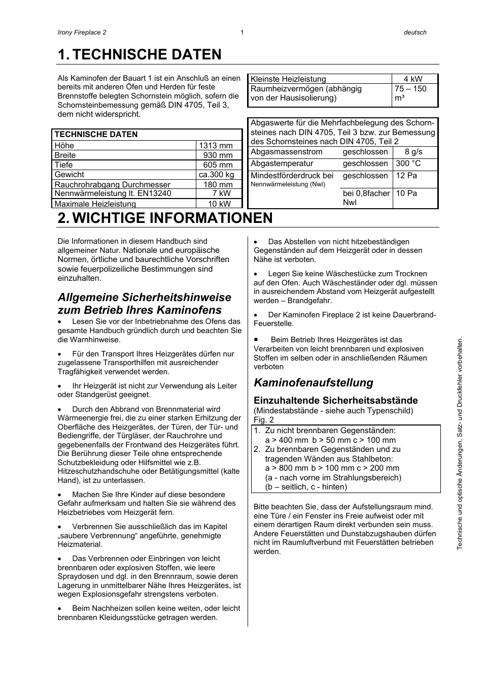 Technische daten, Wichtige informationen, Kaminofenaufstellung | Austroflamm Irony Fireplace 2 User Manual | Page 3 / 16