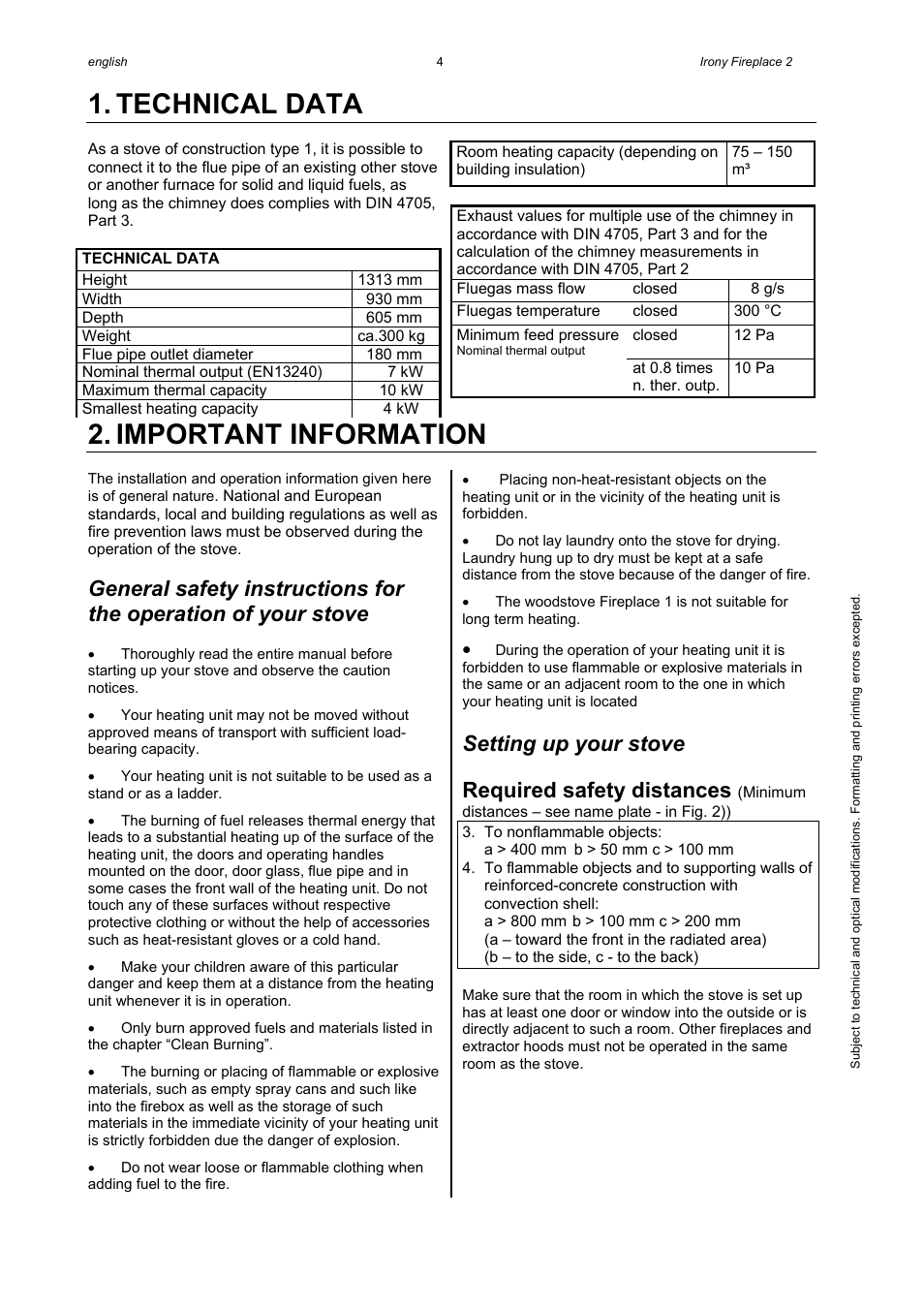 Technical data, Important information, Setting up your stove | Required safety distances | Austroflamm Irony Fireplace 2 User Manual | Page 6 / 16