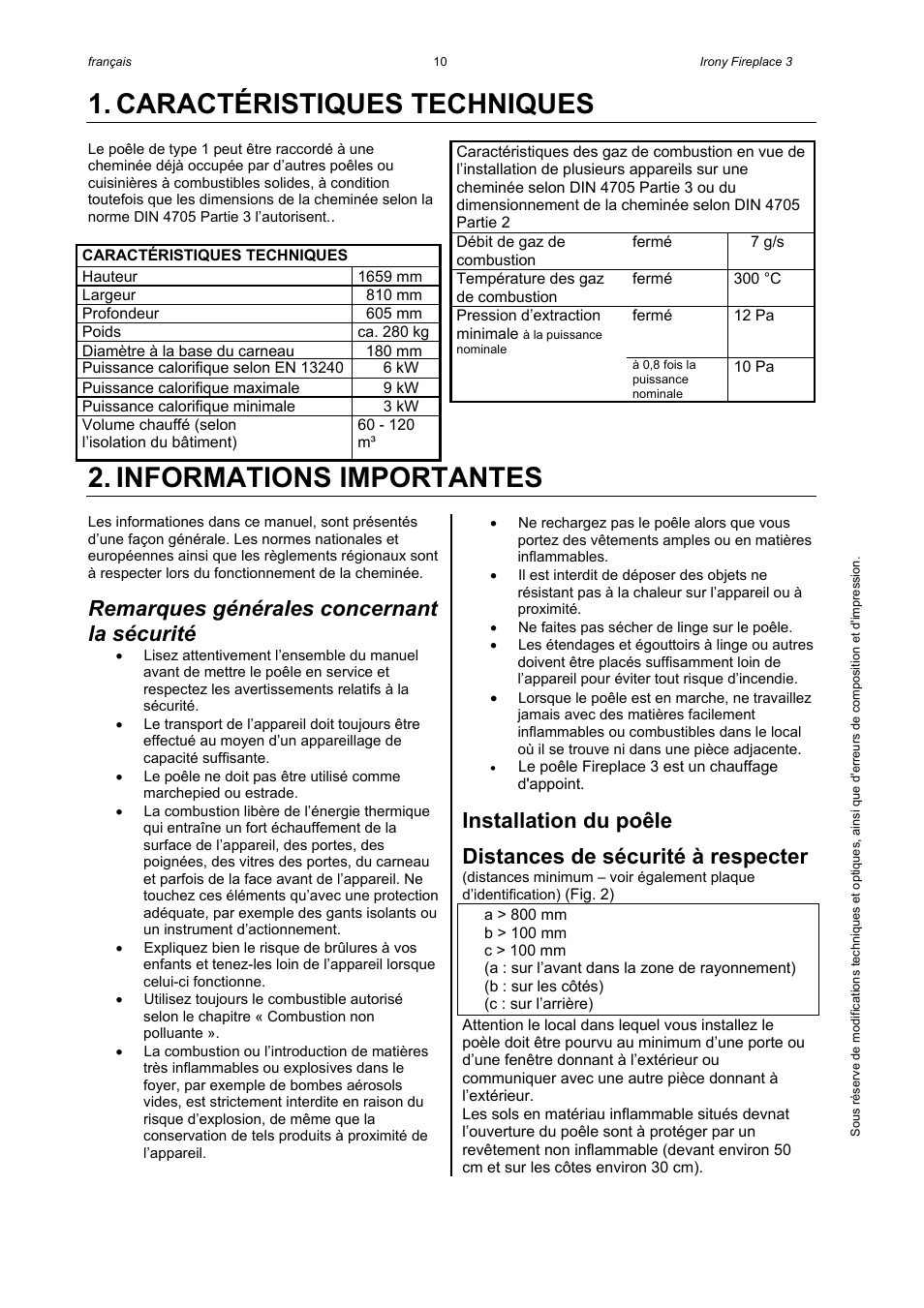 Caractéristiques techniques, Informations importantes, Remarques générales concernant la sécurité | Installation du poêle, Distances de sécurité à respecter | Austroflamm Irony Fireplace 3 User Manual | Page 12 / 16