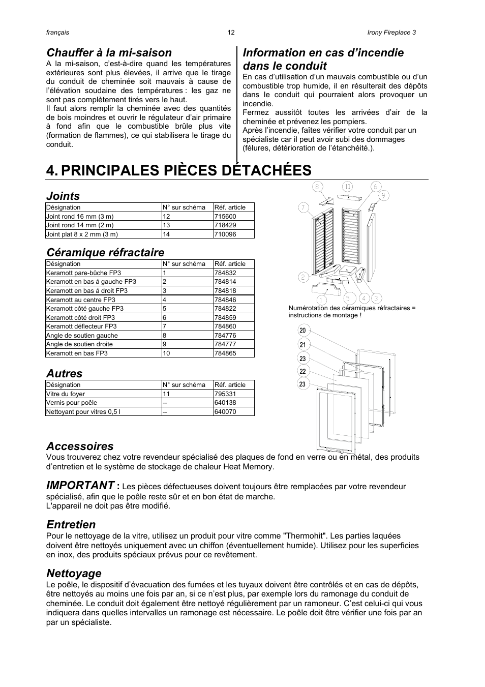 Principales pièces détachées, Chauffer à la mi-saison, Information en cas d’incendie dans le conduit | Joints, Céramique réfractaire, Autres, Accessoires, Important, Entretien, Nettoyage | Austroflamm Irony Fireplace 3 User Manual | Page 14 / 16